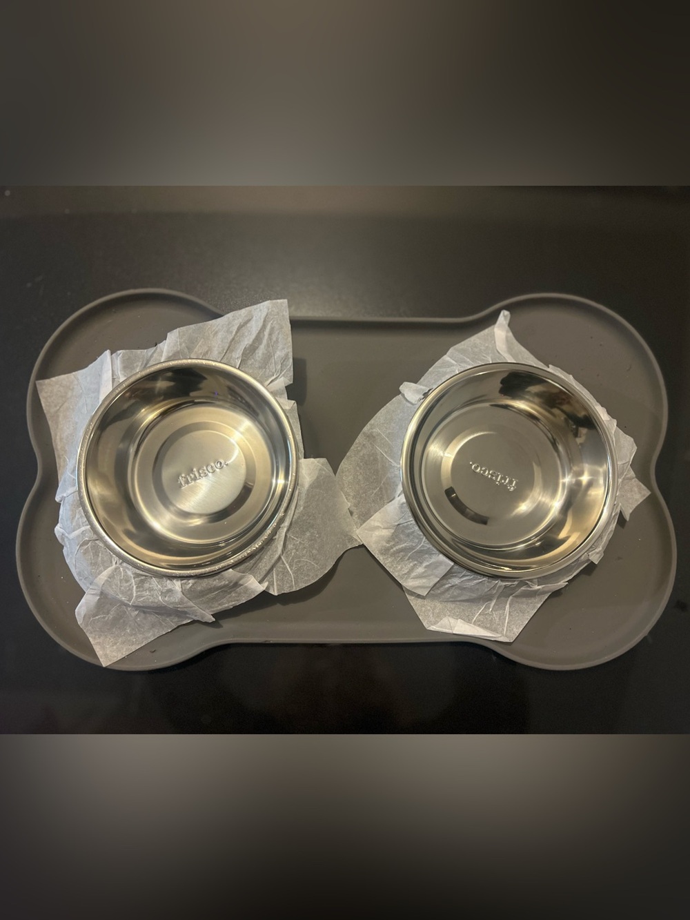 Frisco Stainless Untippable Steel Pet Bowls on a silicone bone shaped mat. NWT